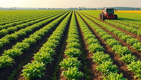An agricultural field bustling with activity as robotic machines plant seeds, weed rows, and harvest crops autonomously, showcasing the efficiency and precision of agricultural robotics in modern farming practices.