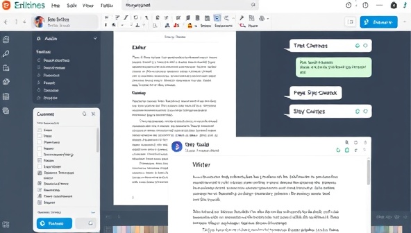 A digital workspace showcasing a collaboration between an editor and a writer, with track changes on a document, a style guide reference, and a friendly chat interface for feedback and communication, highlighting professionalism and efficiency in editing services.