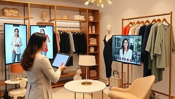 A chic virtual personal styling session featuring a stylist consulting a client on fashion choices through a video call, showcasing clothing racks, style accessories, digital screens with outfit suggestions, and a stylish ambiance, exuding elegance and fashion flair.