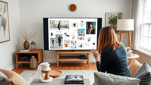 A virtual interior design consultation session depicted with an interior designer sharing design concepts and mood boards on a screen, surrounded by stylish home decor items and fabric swatches, highlighting creativity and personalized design solutions.