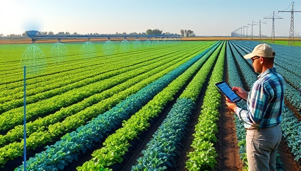 An infographic showing a farm field divided into sections with varying shades of blue, indicating different levels of irrigation based on sensor data, with a farmer monitoring the system on a digital tablet, highlighting precision and efficiency in water management.