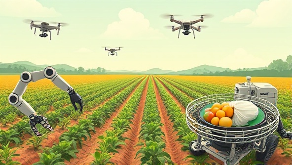 An imaginative illustration featuring robotic arms planting crops in a field, drones conducting aerial surveys, and autonomous machines harvesting produce, demonstrating the advanced and efficient agricultural solutions offered by AgriBotics Solutions in robotic farming technology.