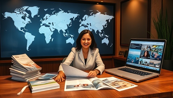 An elegant virtual meeting setup with a consultant discussing travel plans with a client via video call, surrounded by travel brochures, a world map, and a laptop showing travel websites, conveying professionalism and expertise.