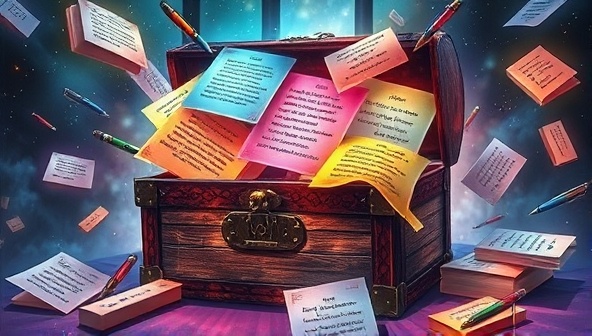 An artistic representation of a magical treasure chest overflowing with colorful, glowing writing prompts, surrounded by floating pens and papers, evoking a sense of wonder, inspiration, and endless creative possibilities for writers who unlock the chest's contents.