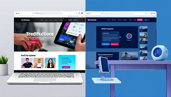 A split-screen image showing a traditional website on one side and an interactive website with animated elements, hover effects, and gamified features on the other side, highlighting the difference in user engagement and interactivity.