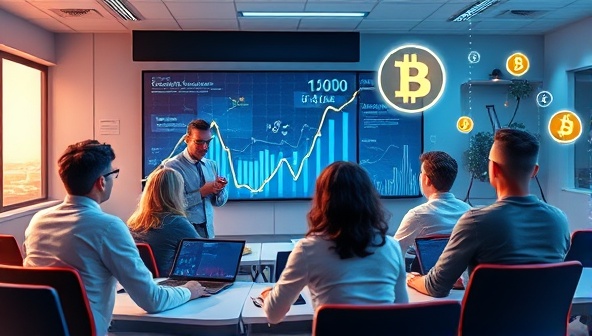 An artistic representation of a virtual classroom setting with futuristic elements, showcasing diverse students engaging in a digital currency course led by a knowledgeable instructor, with blockchain graphics and digital currency symbols in the background, symbolizing innovation and learning in the crypto space.