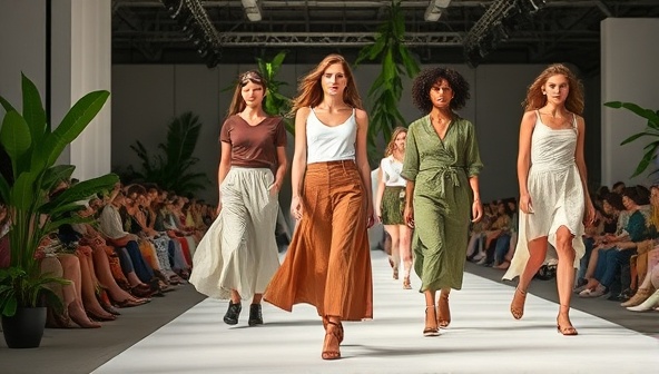 An eco-chic virtual fashion runway featuring sustainable clothing collections, eco-friendly materials, and nature-inspired designs, with models showcasing environmentally-conscious fashion looks and eco-friendly accessories, creating a visual celebration of sustainable style in a virtual fashion marketplace setting.