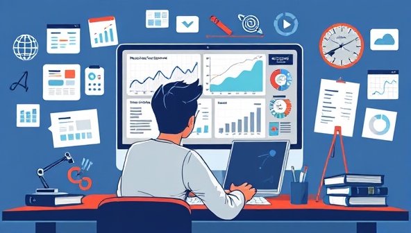 An illustration of a web designer analyzing data charts and graphs on a computer screen, surrounded by conversion optimization tools and strategies, highlighting the focus on data-driven decision-making in web design at ConversionIQ Labs.