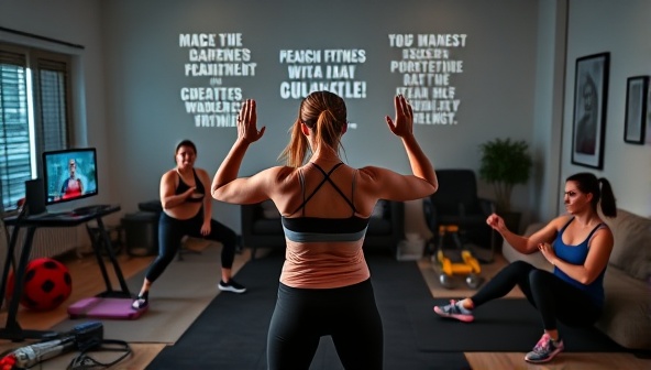 An energetic workout session led by a virtual fitness coach, with participants following the exercises from their homes, surrounded by motivational quotes and fitness equipment, creating a dynamic and engaging virtual fitness experience.