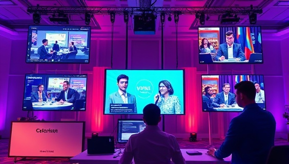 A vibrant digital event setup, featuring a virtual event planner coordinating a virtual conference with multiple screens displaying different event elements like presentations, networking sessions, and entertainment, reflecting the versatility and innovation of virtual event planning services.