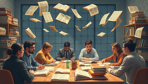 An artistic depiction of a virtual writing workshop with diverse writers engaged in brainstorming sessions, surrounded by floating book pages and creative inspiration, conveying a collaborative and imaginative writing environment.