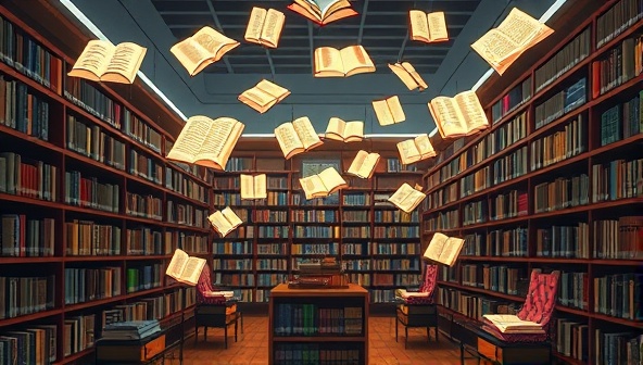 An artistic representation of a digital library filled with glowing book synopses floating in the air, surrounded by virtual bookshelves and reading nooks, symbolizing the ease, efficiency, and creativity of using SynopSmart to generate captivating book summaries in a virtual literary world.