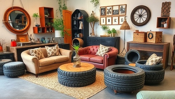 A creative display of upcycled tire furniture and decor items in a studio setting, showcasing the versatility and stylish design of repurposed tire products, with a focus on sustainability and innovative eco-friendly solutions.