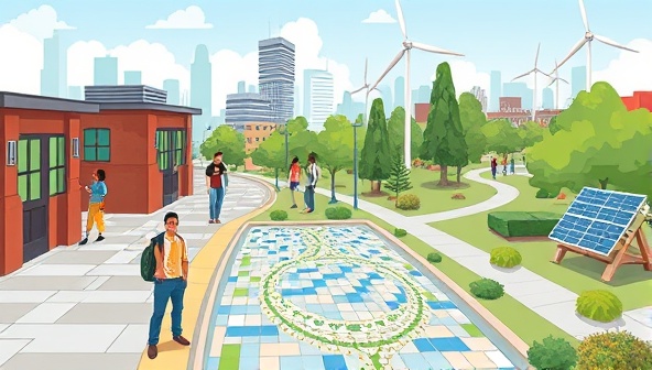 An urban landscape illustration featuring kinetic tiles on sidewalks, solar panels on rooftops, and wind turbines in city parks, with diverse residents interacting with energy-generating installations and earning rewards for their contributions, symbolizing urban innovation and sustainability.