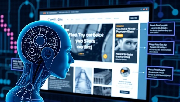 An AI algorithm analyzing a website design layout with data points and optimization suggestions overlaid on the screen, symbolizing the intelligent and data-driven approach of OptiSite in enhancing website performance and user experience.