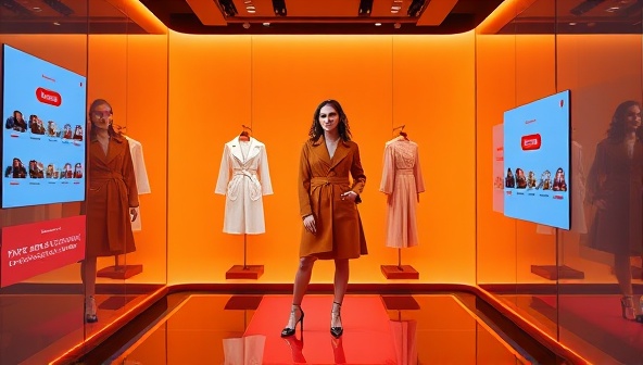 An engaging virtual fitting room interface displaying a customer trying on different outfits virtually, with personalized style suggestions and color palette options, creating an interactive and futuristic shopping experience that merges technology with fashion seamlessly.
