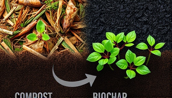An artistic representation of agricultural waste being transformed into compost and biochar, with vibrant green plants growing in the enriched soil, symbolizing the sustainable and regenerative impact of EcoHarvest Innovations' upcycling solutions.