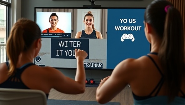An interactive workout session scene featuring a virtual trainer guiding a user through exercises via a video call, with fitness trackers and motivational quotes displayed on the screen, illustrating the dynamic and engaging nature of the online coaching service.