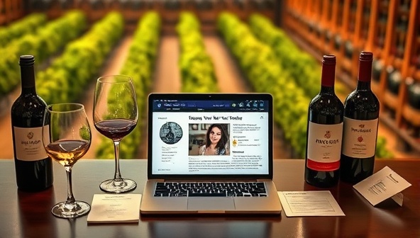 A sophisticated wine tasting setup with an array of wine glasses, bottles, tasting notes, and a laptop displaying a virtual wine tasting session, set against a backdrop of vineyards or a wine cellar, evoking elegance and refinement in wine appreciation.