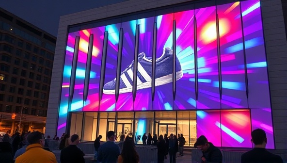 An image of a dynamic and colorful projection display on a building facade, showcasing a product in motion with interactive elements, attracting a crowd of onlookers and creating a buzz around the brand being promoted.