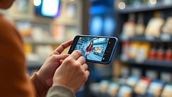 An engaging visual of a customer using a smartphone to interact with AR content overlaid on a real-world product, creating a seamless and captivating marketing experience that blurs the lines between virtual and physical environments.