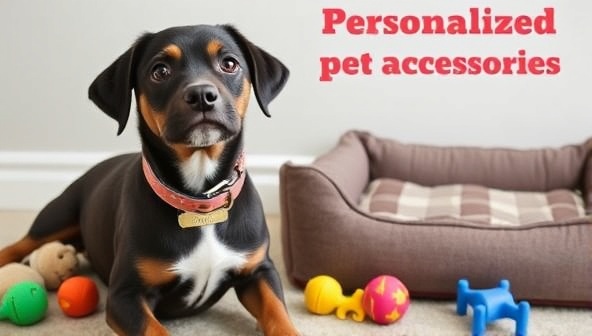 An adorable dog wearing a customized collar with its name beautifully engraved, sitting next to a matching personalized pet bed, surrounded by playful toys, conveying the joy and uniqueness of personalized pet accessories.