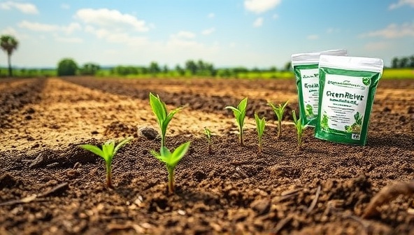 An artistic representation of GreenRevive Solutions' eco-friendly soil regeneration products being applied to barren land, with vibrant green plants sprouting and healthy soil texture visible, illustrating the transformative impact of natural soil improvement on agricultural landscapes.