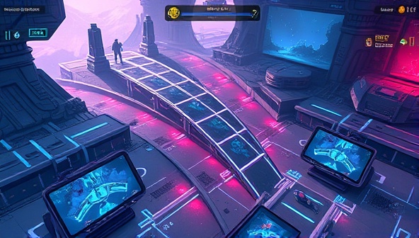 A dynamic and futuristic virtual adventure setting with players in action, solving puzzles and completing challenges on their screens, surrounded by virtual landscapes and obstacles, creating a sense of thrill and competition.