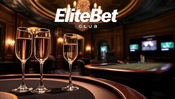 A sophisticated and elegant visual featuring a luxurious casino setting with champagne glasses, ornate decor, and high-end gaming tables, exuding the exclusive and upscale atmosphere of EliteBet Club as a VIP gambling destination.
