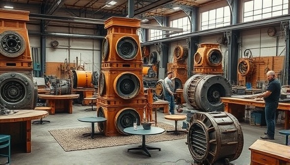 An image of a workshop space filled with repurposed mining equipment turned into stylish furniture pieces, with industrial aesthetics, sleek designs, and a team of artisans working on transforming old machinery into new creations.