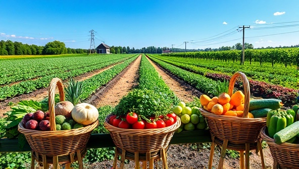 A picturesque farm landscape with fresh produce displayed in baskets under a clear blue sky, showcasing the beauty and abundance of locally sourced foods, creating a connection to nature and sustainability.