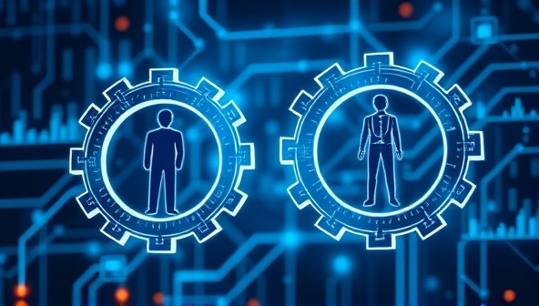 An illustration of interconnected gears symbolizing the seamless connection between job seekers and employers, with AI algorithms represented by glowing digital patterns in the background, showcasing a futuristic and efficient approach to talent matching.