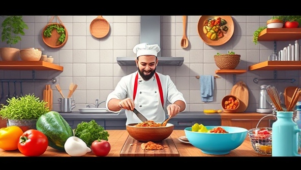 A mouthwatering digital illustration showcasing a virtual cooking class on Chef's Palette Online, with a professional chef guiding participants through a culinary masterpiece, surrounded by fresh ingredients, cooking utensils, and a vibrant kitchen setting that evokes the joy of cooking and learning in a virtual culinary experience.