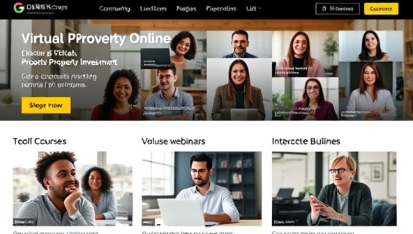 An online learning platform showcasing a diverse group of users engaging in virtual property investment courses and interactive webinars, highlighting the platform's educational value and community-building aspect.