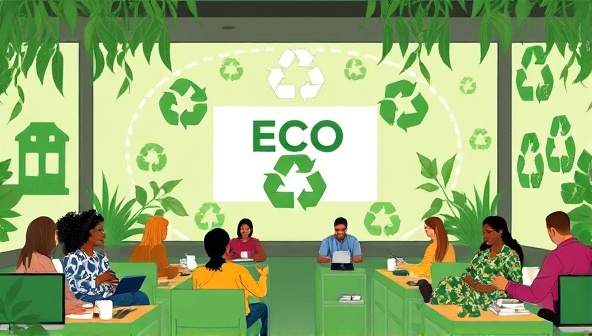 A virtual eco-conscious hub with green-themed visuals, recycling symbols, and a diverse group of participants sharing eco-tips and engaging in sustainability activities, highlighting the community-driven and environmentally friendly essence of EcoShift Virtual's workshops.