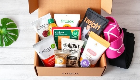 An aesthetically designed subscription box filled with fitness goodies, workout gear, nutritional snacks, and wellness products, neatly arranged and ready for unboxing, conveying the excitement and value of the FitBox Delight subscription service.