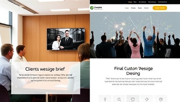 A split image showing a client's initial website design brief meeting with the design team on one side and the final custom website design launch celebration on the other, capturing the journey from concept to creation.