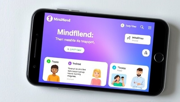 A smartphone displaying the MindMend Virtual app interface, with calming colors and mindfulness exercises, alongside avatars representing users engaging in therapy sessions, mindfulness activities, and peer support chats, conveying a sense of emotional support and healing in a virtual space.