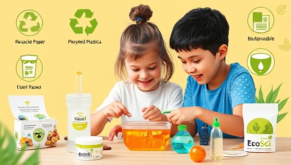 A vibrant visual of children engaging in a hands-on science experiment using materials from the EcoSci Kit, surrounded by eco-friendly elements like recycled paper, plant-based plastics, and biodegradable packaging, highlighting the sustainable and educational aspects of the kits.