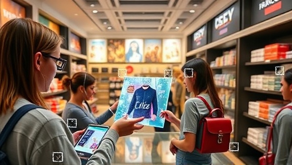An AR-enhanced shopping experience where customers interact with virtual products and branding elements in a retail setting, blending the physical and digital worlds seamlessly, showcasing the potential of personalized AR marketing experiences.