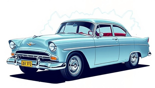 An artistic rendering of a classic car transformed into an electric vehicle, showcasing futuristic design elements and eco-friendly features, with lightning bolts symbolizing the electric conversion process.
