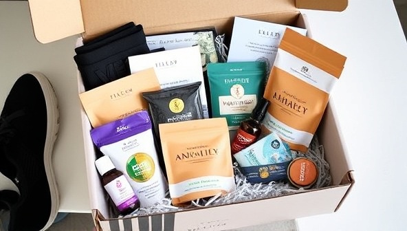 A beautifully designed subscription box featuring fitness gear, healthy snacks, aromatherapy products, and wellness resources elegantly arranged and ready for unboxing, conveying a sense of luxury, care, and holistic well-being.