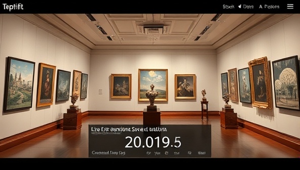 An elegant digital gallery showcasing a variety of artworks in a virtual exhibition space, with interactive bidding features and a live auction countdown, creating a sophisticated and immersive art auction experience.