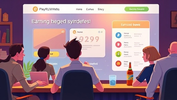 An animated scene of users interacting with a gamified website interface, earning rewards and engaging with playful design elements, reflecting the immersive and interactive nature of PlayfulUXWeb's gamified user experience web design subscriptions.