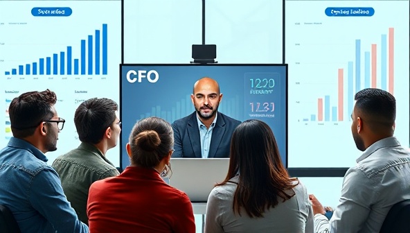 An image of a virtual CFO interacting with a diverse group of startup founders via a virtual meeting platform, with financial charts and growth projections displayed in the background, showcasing strategic financial guidance for startups.