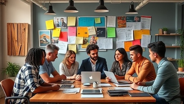 A team of diverse creatives brainstorming in a modern office space, surrounded by colorful mood boards and digital devices, illustrating a dynamic and collaborative content creation process.