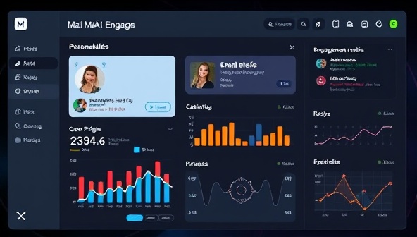 A digital interface displaying a dynamic email campaign dashboard with personalized user profiles, engagement metrics, and AI algorithms at work, illustrating the power of MailAI Engage in crafting tailored email experiences.