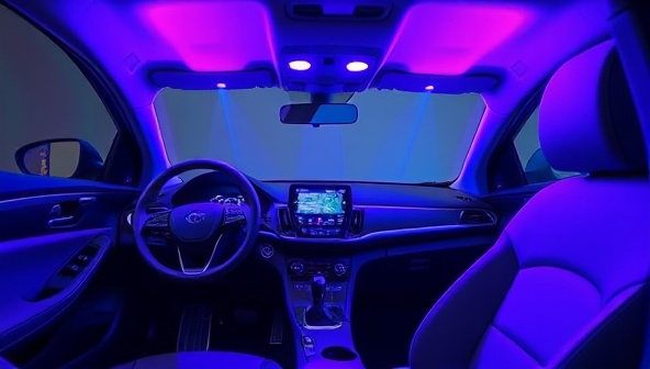 An image of a car interior bathed in UV-C light, highlighting the disinfection process and showcasing the advanced technology used by PureDrive Cleanse for a clean and healthy driving environment.