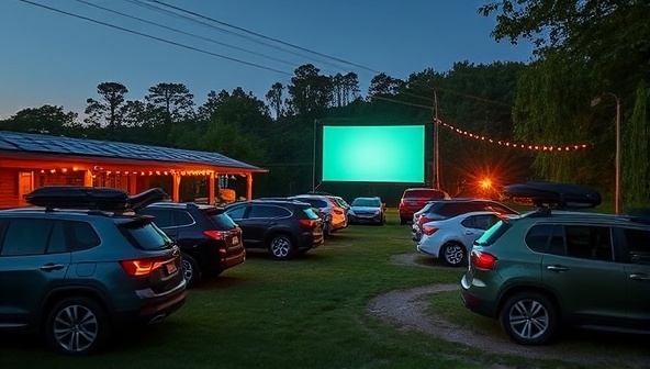 An outdoor movie drive-in theater set up with solar panels, recycling stations, and eco-friendly decorations, surrounded by lush greenery and sustainable features, creating a harmonious and environmentally conscious outdoor movie experience at the GreenScreen Drive-In.