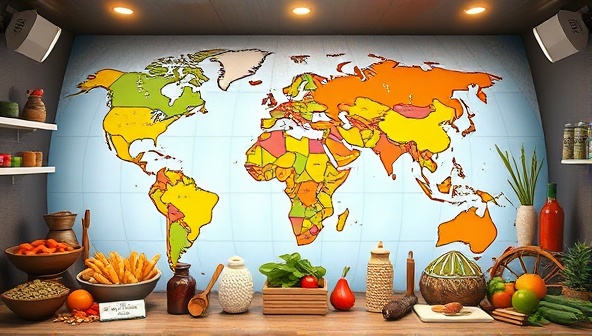 An immersive virtual tour setting featuring a digital map with culinary landmarks and icons representing different countries, surrounded by vibrant food images, spices, and cultural symbols, setting the stage for a global culinary journey.